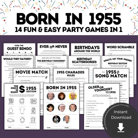 Printable 70th Birthday Games for Him Her, 70th Birthday Ideas, Born in 1955, 70th Birthday Party Game, 70th Birthday for Men Women