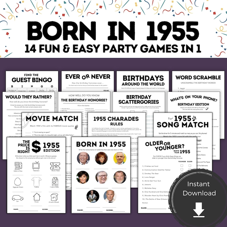 Printable 70th Birthday Games for Him Her, 70th Birthday Ideas, Born in 1955, 70th Birthday Party Game, 70th Birthday for Men Women image 1