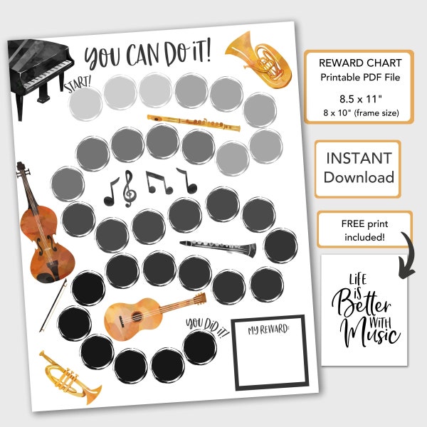 Music Reward Chart for Kids Behavior Chart Printable, Music Practice Chart, Chore Chart, Sticker Chart, Kids Chart, Piano Practice Chart