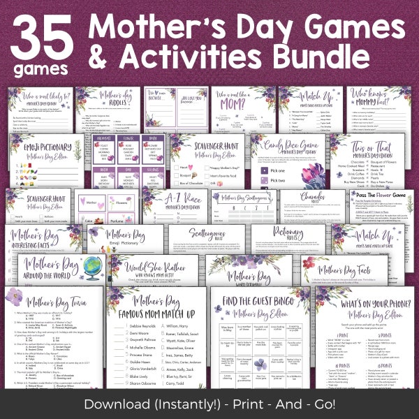 Printable Mothers Day Games Bundle, Mothers Day Brunch Games, Mothers Day Party Games, Pass the Gift Game, Dice Game, Mothers Day Trivia