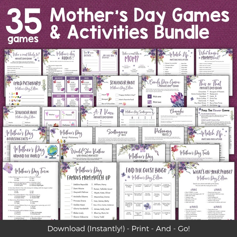 Mock up of Printable Mothers Day Games and Activities Bundle with 35 different mothers day Games and activities including Mothers Day Trivia a Dice Game, Pass the Gift Game. All instant download games have a purple watercolor flowers.