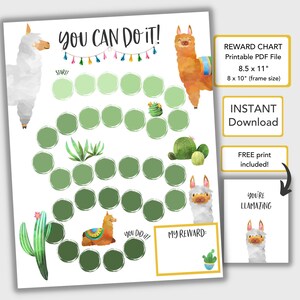 Puede incluir: Un cuadro de recompensas imprimible con temática de llama. El cuadro tiene un camino verde con 20 círculos para colorear. El cuadro incluye el texto "You Can Do It!" y "You Did It!" y un espacio para una recompensa. El cuadro mide 8,5 pulgadas por 11 pulgadas y está disponible para descarga instantánea.