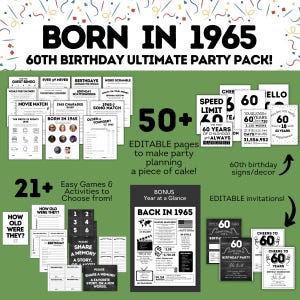 May include: A printable party pack for a 60th birthday celebration. The pack includes 50+ editable pages, 21+ easy games and activities, a bonus year at a glance page, 60th birthday signs and decor, and editable invitations. The pack features a black and white color scheme with a green background.