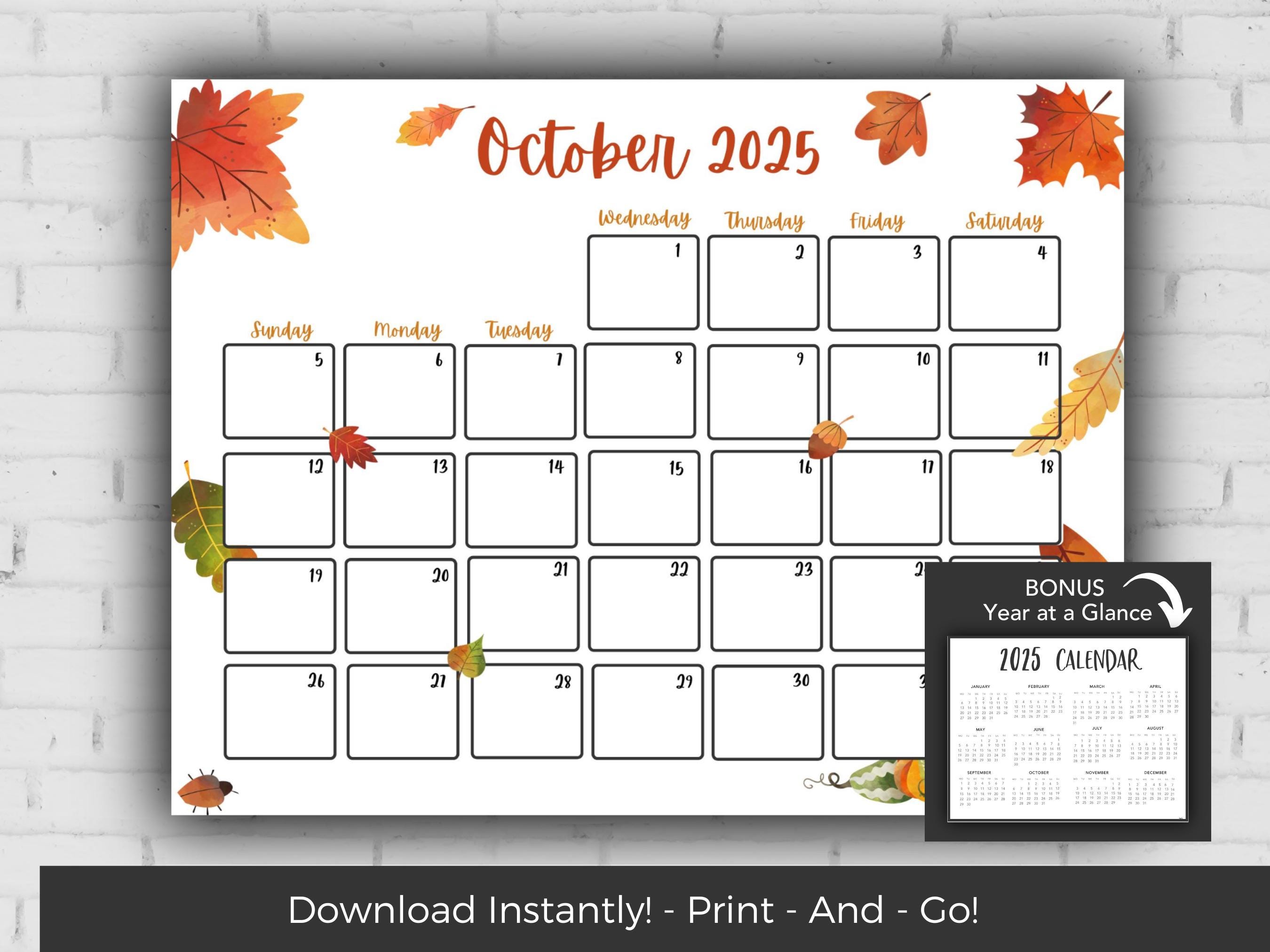 October 2025 Calendar, Kids Calendar Printable, Calendar 2025, Monthly Calendar Printable 2025, Wall Calendar 2025 Calendar Printable