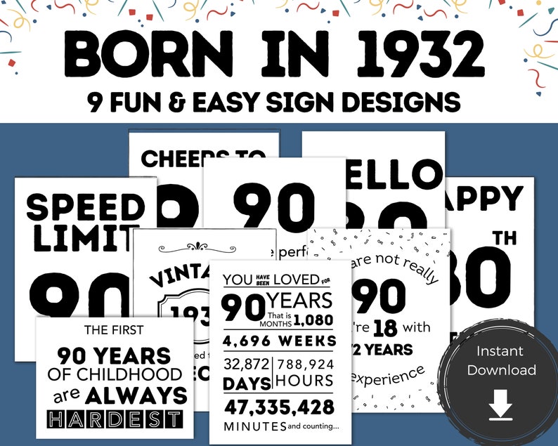 Printable 90th Birthday Sign Born in 1932 Birthday Poster | Etsy