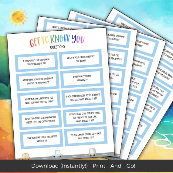 Road Trip Kids Activity, Road Trip Printable Games for Kids, Get to Know You Questions, Summer Vacation Car Game, Family Travel Activities