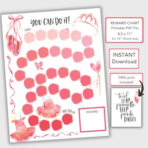 Tabla de recompensas de ballet para niños, tabla de comportamiento imprimible, tabla de tareas para niños pequeños, tabla de pegatinas para niños pequeños con descarga instantánea en PDF, tabla de baile para niños