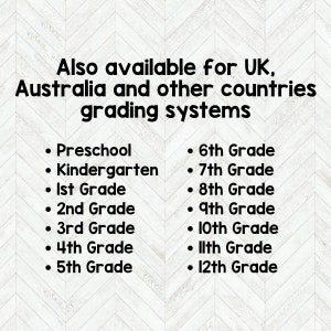 May include: A list of grade levels from preschool to 12th grade. The text states that these grades are also available for UK, Australia and other countries grading systems.