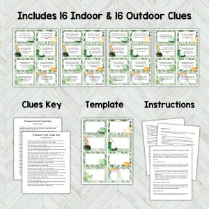 Puede incluir: Juego de b&uacute;squeda del tesoro imprimible del D&iacute;a de San Patricio con 16 pistas en interiores y 16 pistas en exteriores. El juego incluye una plantilla, instrucciones y una clave para las pistas. El juego presenta un esquema de color verde, blanco y dorado con tr&eacute;boles, arco&iacute;ris y sombreros de duende.
