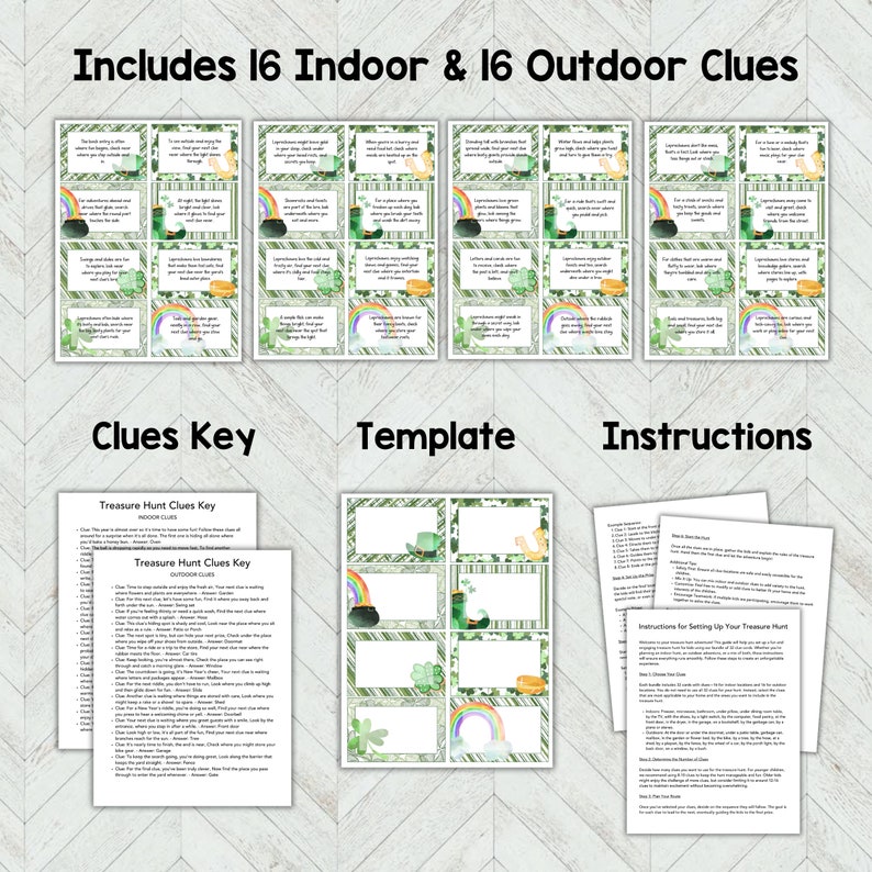 Puede incluir: Juego de b&uacute;squeda del tesoro imprimible del D&iacute;a de San Patricio con 16 pistas en interiores y 16 pistas en exteriores. El juego incluye una plantilla, instrucciones y una clave para las pistas. El juego presenta un esquema de color verde, blanco y dorado con tr&eacute;boles, arco&iacute;ris y sombreros de duende.