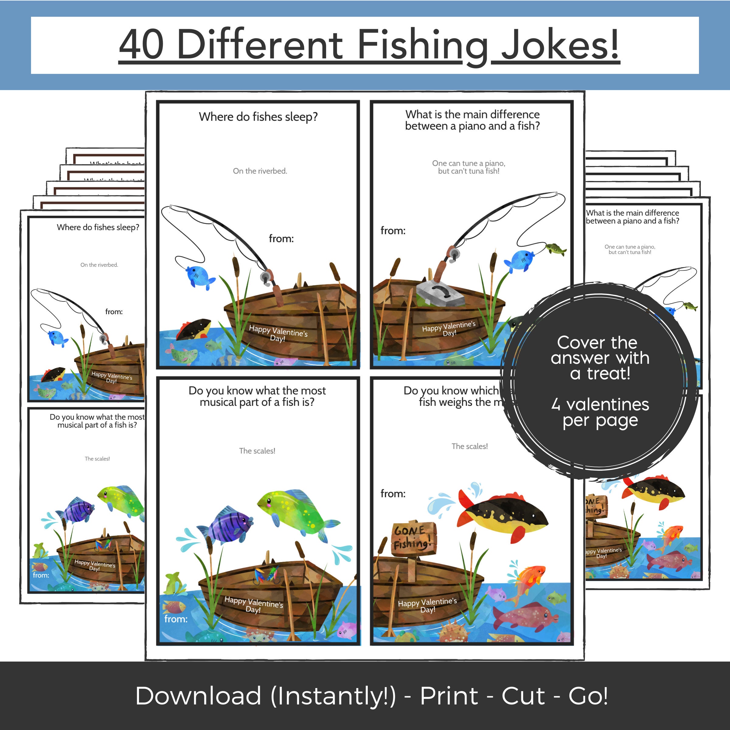 Fishing Printable Valentine Cards for Kids, Kids Valentines Cards