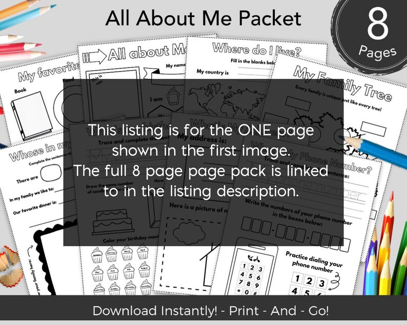 May include: Black and white printable "All About Me" packet for kids. The packet includes 8 pages with activities such as drawing a family tree, writing an address, and practicing dialing a phone number.