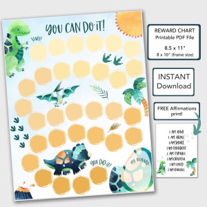 May include: A printable reward chart featuring a dinosaur theme. The chart has a blue background with yellow circles for stickers. The chart includes a dinosaur, a pterodactyl, a volcano, a sun, and a palm tree. The text "You Can Do It!" is at the top of the chart. The chart is 8.5 inches by 11 inches and is printable in an 8 by 10 inch frame size.