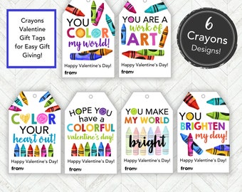 Crayons Valentine Gift Tag, Printable Classroom Valentines Day Card for Kids, Girl or Boy Valentine Treat Tag, Easy Valentine Gift Idea