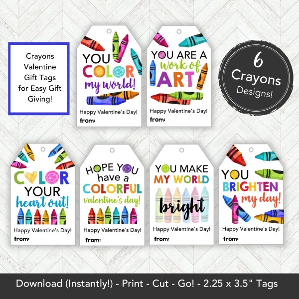 Crayons Valentine Gift Tag, Printable Classroom Valentines Day Card for Kids, Girl or Boy Valentine Treat Tag, Easy Valentine Gift Idea