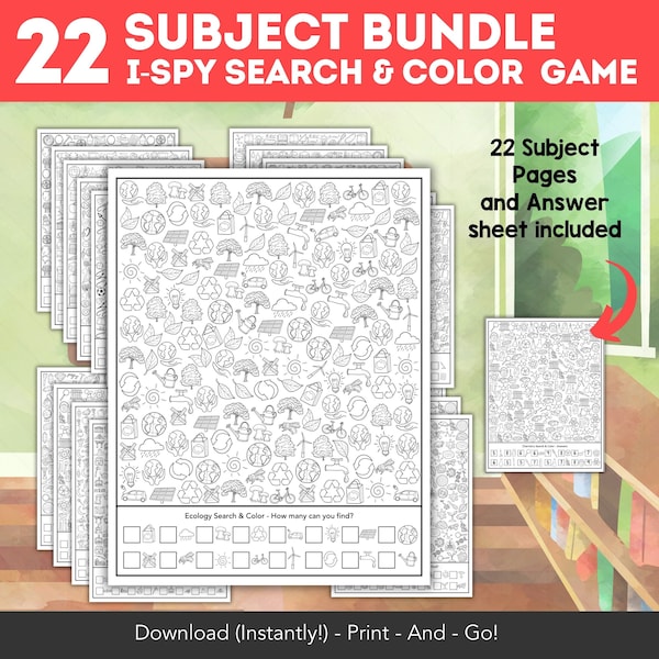 School I Spy Kids Activity Bundle, I Spy Coloring Page Worksheet, School Class Printable Activities, Learn to Count, Look and Find Math Game