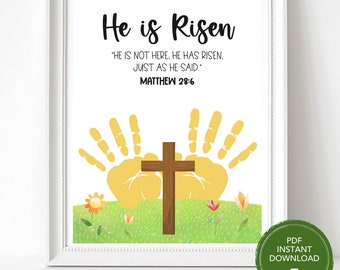 Easter He is Risen Kids Bible Activities, Easter Handprint Art for Kids or Preschool and Toddler Activities, Bible Verse Christian Crafts