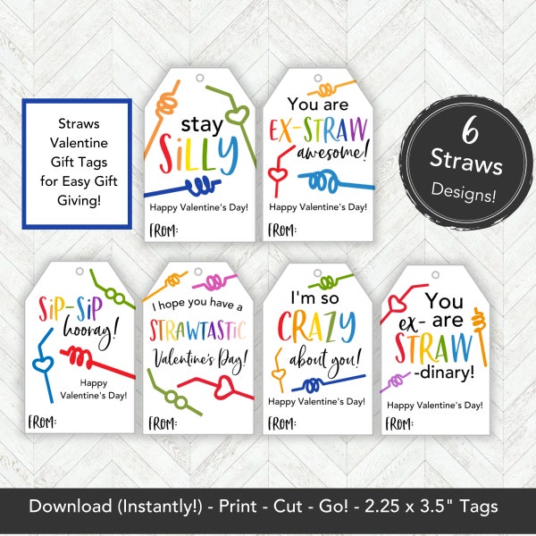 Silly Straws Valentine Gift Tag, Printable Classroom Valentine Card for Kids Class, Girl or Boy Valentines Exchange Treat Tag