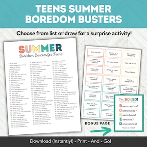Eliminadores del aburrimiento para adolescentes y familias, tarjetas de actividades de lista de deseos de verano imprimibles, horario de verano para adolescentes, actividades de verano para adolescentes