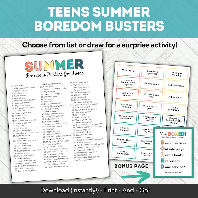 May include: A printable summer boredom buster list for teens with activities like making pizza, going to the park, and writing a poem. The list is divided into two columns with colorful headings and a bonus page arrow at the bottom.