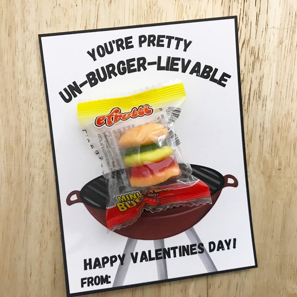 Hamburger Funny Valentine Card Download, Valentine Printable Kid, Valentine Card Kids Valentine Card with Candy, Valentines from Teacher