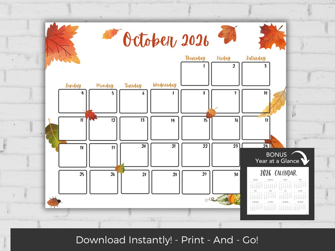 October 2026 Calendar, Kids Calendar Printable, Calendar 2026, Monthly ...