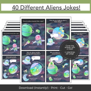 May include: A set of 40 printable Valentine's Day cards featuring aliens and space-themed jokes. Each card has a colorful illustration of an alien, a planet, and a spaceship. The cards are designed to be cut out and used as a fun activity for kids.