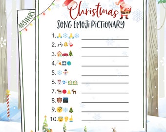 Puede incluir: Un juego de Navidad imprimible con una ilustración de Papá Noel y el texto "Christmas Song Emoji Pictionary". El juego incluye 10 líneas numeradas del 1 al 10, cada una con emojis que representan canciones navideñas.