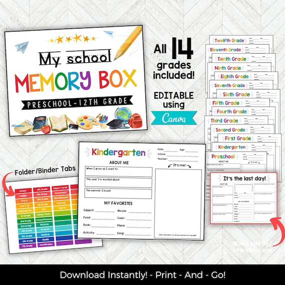 Kids Keepsake Journal, EDITABLE School Memory Book, Back to School Printable, Memory Journal, School Memories, School Memory Box