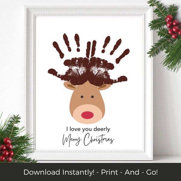 Reindeer Handprint Kids Christmas Craft, Baby's First Christmas, Toddler Christmas Keepsake, Baby Handprint Printable Christmas Card