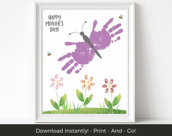 May include: Printable Mother's Day craft with a purple butterfly made from handprints, three flowers with fingertip petals, and the text "Happy Mother's Day!"