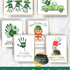 May include: A set of printable handprint craft ideas for St. Patrick's Day. The designs include a leprechaun, a pot of gold, a shamrock, and a truck. The text on the prints includes "Happy St. Patrick's Day!" and "Loads of Luck".