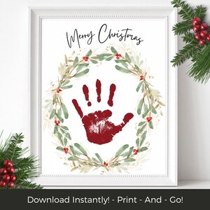 Manualidad navideña para niños con huella de mano de corona, primera Navidad del bebé, recuerdo de Navidad para niños pequeños, huella de mano de bebé, tarjeta de Navidad para niños imprimible