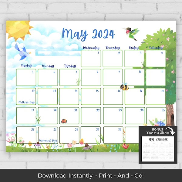 May 2024 Calendar, Kids Calendar Printable, Calendar 2024, Monthly Calendar Printable 2024, Wall Calendar 2024 Calendar Printable