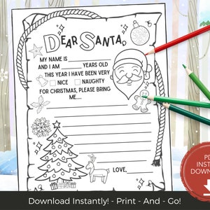 Carta a Papá Noel imprimible, Página para colorear de cartas de Papá Noel, Carta de Papá Noel, Lista de deseos de Papá Noel, Carta de Papá Noel imprimible a Santa Descarga digital