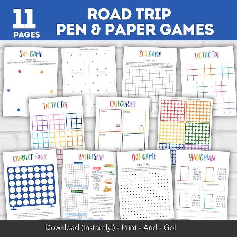 May include: A printable set of 11 road trip games for kids. The games include Tic Tac Toe, Connect Four, Battleship, Hangman, and more. The games are printed on white paper with colorful borders.