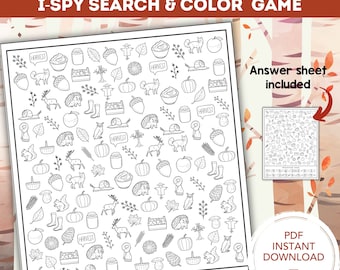 May include: A black and white printable I Spy game with a fall theme. The game features a variety of fall-themed images, including pumpkins, acorns, leaves, and owls. The game includes an answer sheet and is labeled "Fall Search & Color - How many can you find?"