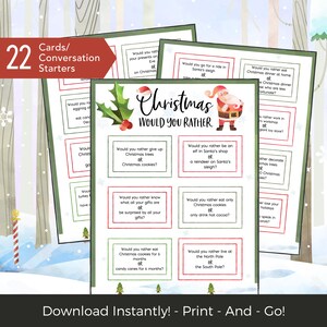 Weihnachten würden Sie lieber, druckbares Weihnachtsspiel für Kinder und Erwachsene, Weihnachtsaktivität für die Familie, Gesprächsstarter