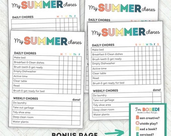 2025 Summer Calendar, Summer Planner Bundle,  Kids Chore Chart, Summer Printable PDF, Summer Rules, Summer Chore Chart for Kids & Teens