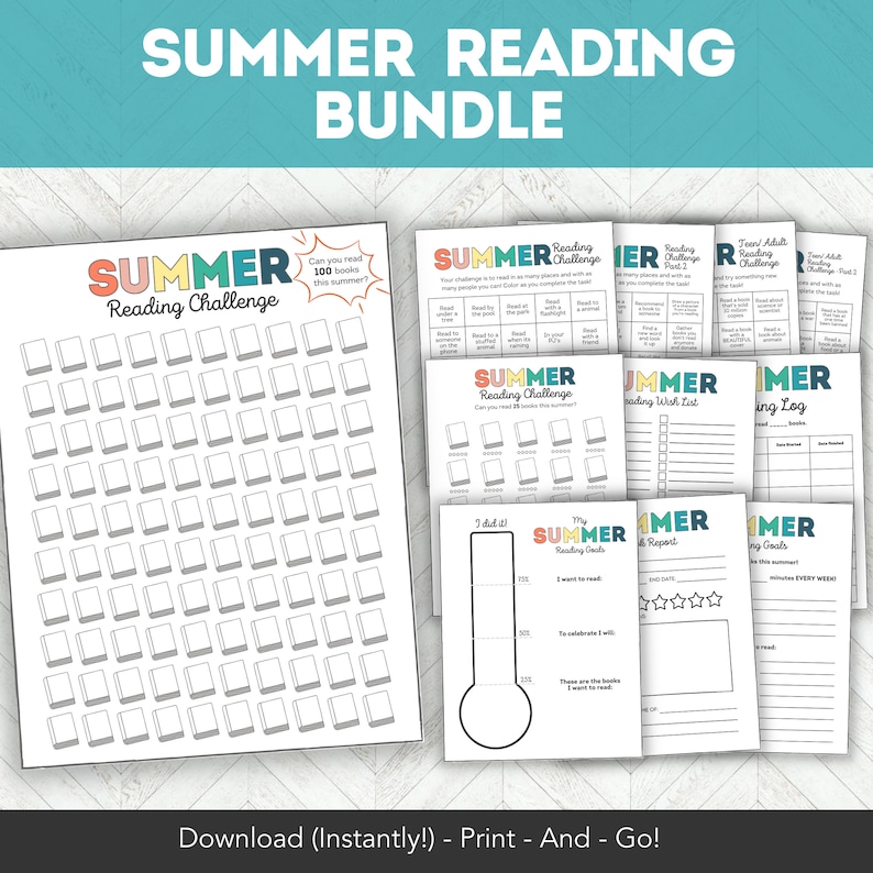 May include: A printable summer reading bundle with colorful designs. The bundle includes a 100 book reading challenge, a 25 book reading challenge, a reading wish list, a reading log, a reading goals tracker, and a reading report.