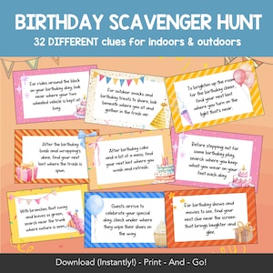 Cartes imprimables d'anniversaire chasse au trésor, chasse au trésor intérieure et extérieure, indices de chasse au trésor pour enfants, adultes et adolescents, jeu de fête d'anniversaire
