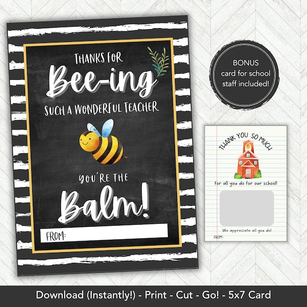 Teacher Appreciation Printable Gift Tag or Card, Teacher Appreciation Gift Bulk Lip Balm or Chapstick, End of Year or Back to School Gift