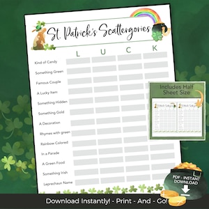 St Patricks Day Game Scattergories, St Paddys Day Printable Game for Kids Family Office Classroom, Kids & Adult Party Games, Activity Idea