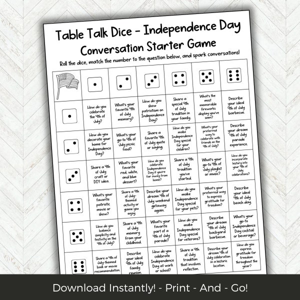Independence Day Conversation Starters, Icebreaker Questions 4th of July Team Building Game Get to Know You Game Group Activity, Dice Game