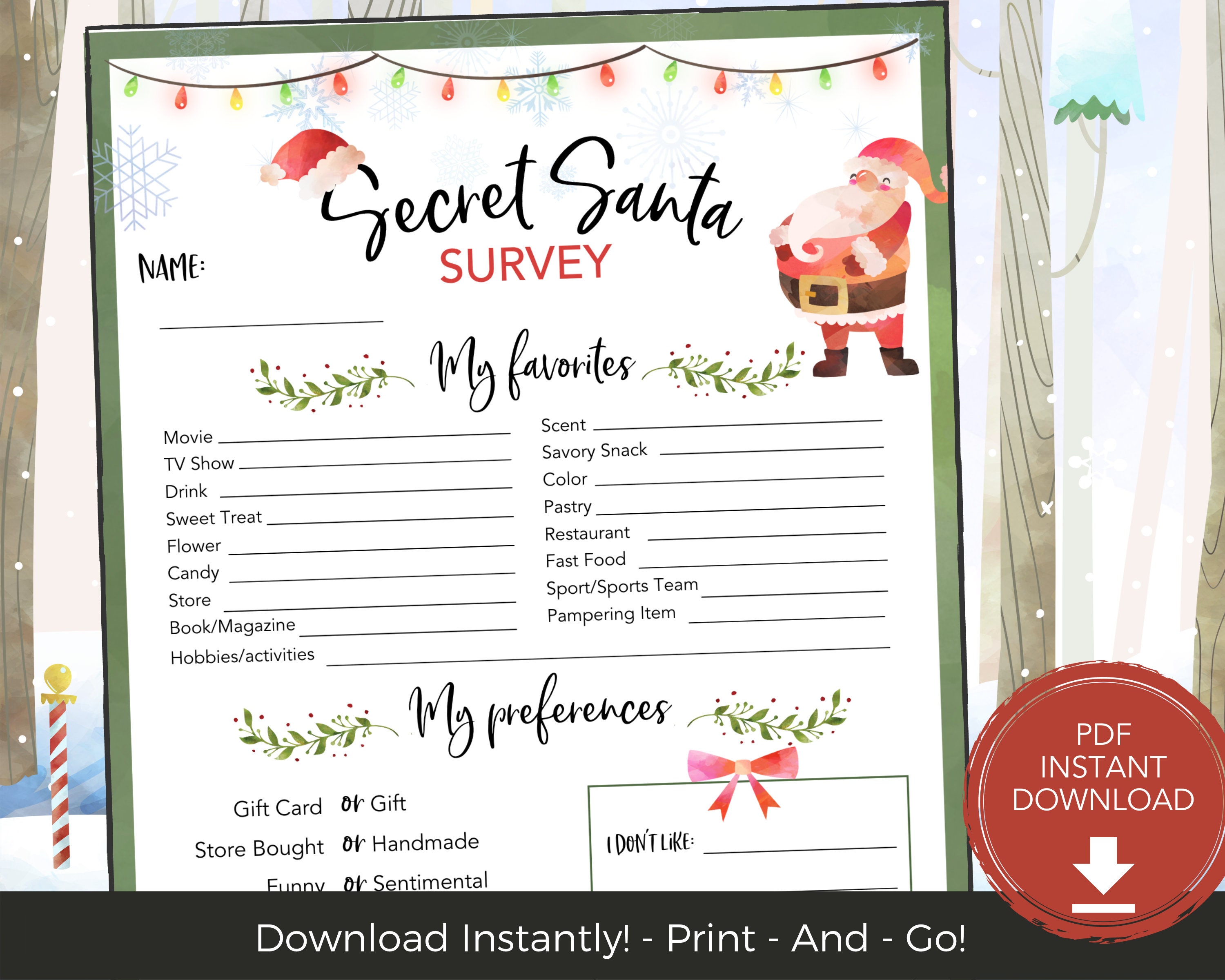 Secret Santa Questionnaire Printable Work Gift Exchange Game Etsy