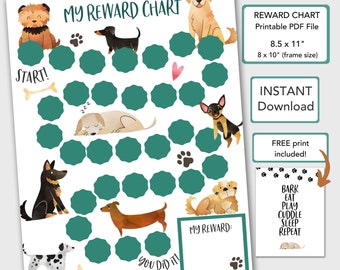 May include: A printable reward chart for kids featuring a green heart-shaped path with paw prints and various dog illustrations. The chart includes the text "My Reward Chart", "Start!" and "You Did It!" along with a space for a reward. The chart is 8.5 inches by 11 inches and is available for instant download.
