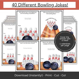 May include: A printable set of 40 Valentine's Day bowling joke cards. Each card features a watercolor illustration of bowling pins and a bowling ball with the text "Happy Valentine's Day!" The cards are designed to be cut out and used as a fun activity for kids.