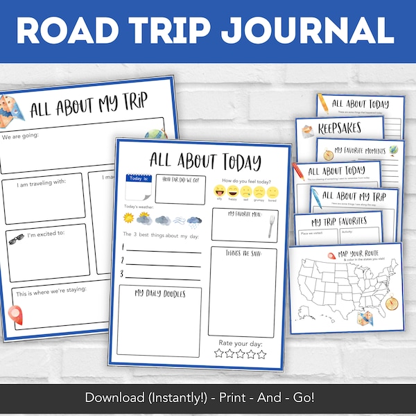 Roadtripjournaal, kinderreisdagboek, afdrukbare zomerroadtrip, roadtripkit voor kinderen, roadtrip-dagboek voor kinderen en reisprintables,