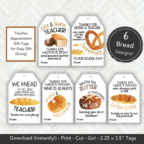 Bread Gift Tag, End of Year Teacher Appreciation Gift Tags Printable, Retiring Teacher Gift, Best Teacher Gift, Thank You Gift for Teacher,