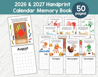Handprint Calendar 2026 2027, Preschool Handprint Art Printable, 1st Grade Kindergarten Handprint Craft Bundle Memory Book Keepsake Gift